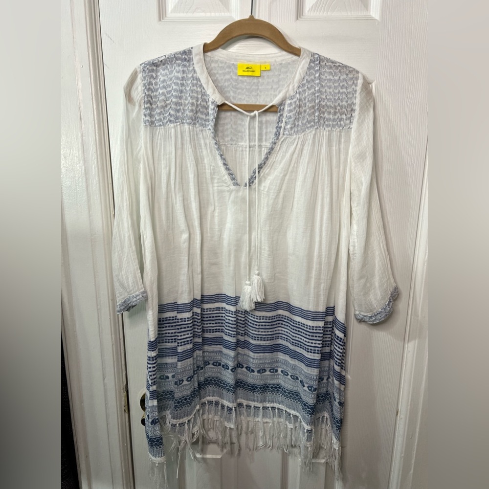 Roller Rabbit White & Blue Tassel Fringe Tunic Cover-up Dress Small